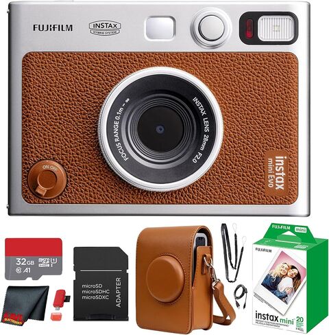 Fujifilm Instax Mini EVO Hybrid Instant Camera (Pink) Bundle with Instax-Mini Twin Pack Instant-Film 40 Sheets + 32GB Memory Card + Vintage Black Mini-Evo Camera Case + Cleaning Cloth in Saudi Arabia