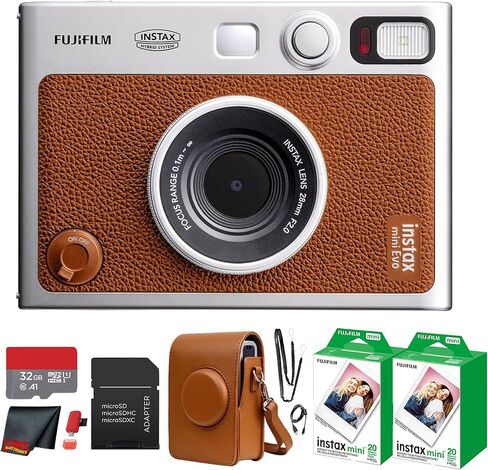 Fujifilm Instax Mini EVO Hybrid Instant Camera (Pink) Bundle with Instax-Mini Twin Pack Instant-Film 40 Sheets + 32GB Memory Card + Vintage Black Mini-Evo Camera Case + Cleaning Cloth in Saudi Arabia