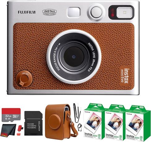 Fujifilm Instax Mini EVO Hybrid Instant Camera (Pink) Bundle with Instax-Mini Twin Pack Instant-Film 40 Sheets + 32GB Memory Card + Vintage Black Mini-Evo Camera Case + Cleaning Cloth in Saudi Arabia