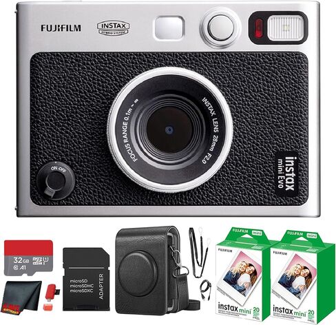Fujifilm Instax Mini EVO Hybrid Instant Camera (Pink) Bundle with Instax-Mini Twin Pack Instant-Film 40 Sheets + 32GB Memory Card + Vintage Black Mini-Evo Camera Case + Cleaning Cloth in Saudi Arabia