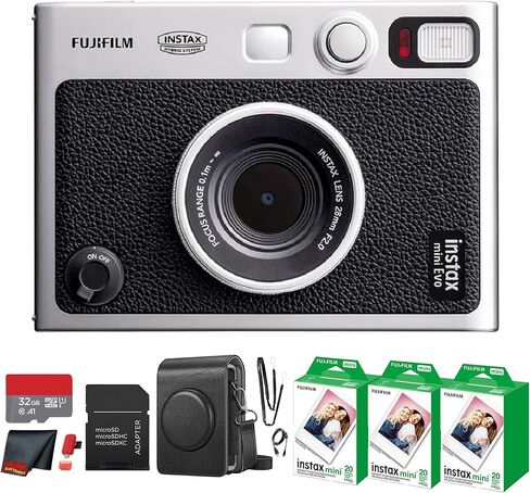Fujifilm Instax Mini EVO Hybrid Instant Camera (Pink) Bundle with Instax-Mini Twin Pack Instant-Film 40 Sheets + 32GB Memory Card + Vintage Black Mini-Evo Camera Case + Cleaning Cloth in Saudi Arabia