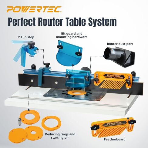 طاولة توجيه POWERTEC Benchtop مع حامل معدني ومجموعة سياج قابلة للتعديل - سطح MDF مصفح مقاس 24 بوصة × 16 بوصة، لوحة إدخال من الألومنيوم، منفذ غبار 2-1/2 بوصة، حاجز سياج، لوح ريش والمزيد من الملحقات (71963) in Kuwait