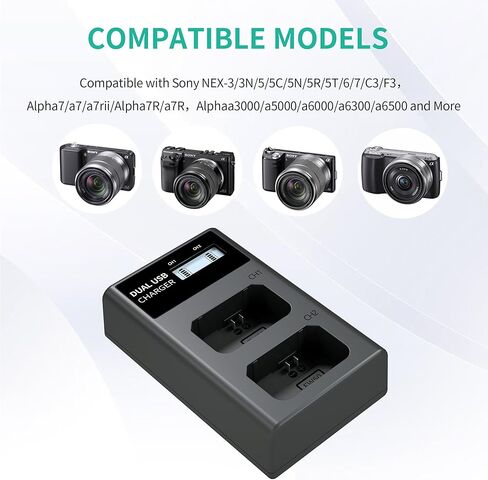 شاحن بطارية NP-FW50، شاحن LCD مزدوج متوافق مع أجهزة Sony Alpha A6000، A6400، A6100، A6300، A6500، A5100، A7، A7 II، A7R، A7R II، A7R2، A7S، A7S II، A7S2، A5000، A3000، RX10، NEX-3/5/7 Series in Kuwait