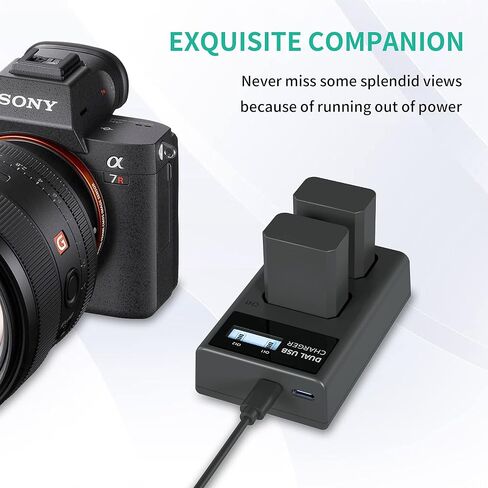 شاحن بطارية NP-FW50، شاحن LCD مزدوج متوافق مع أجهزة Sony Alpha A6000، A6400، A6100، A6300، A6500، A5100، A7، A7 II، A7R، A7R II، A7R2، A7S، A7S II، A7S2، A5000، A3000، RX10، NEX-3/5/7 Series in Kuwait