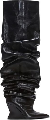 Ruched Slouchy Thigh High Boots for Women Over the Knee Wedge Heeled Long Boots Wide Calf Pointed Toe Fashion Casual Shoes in Saudi Arabia