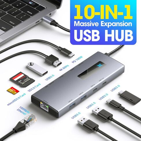 موزع USB C، شاشة محطة إرساء للكمبيوتر المحمول، محول متعدد المنافذ 10 في 1 من النوع C مع HDMI، PD100W، منافذ USB A وC 3.0، بطاقة SD/Micro SD، قاعدة إيثرنت لأجهزة Mac/Dell/HP/Surface/Steam Deck in Kuwait