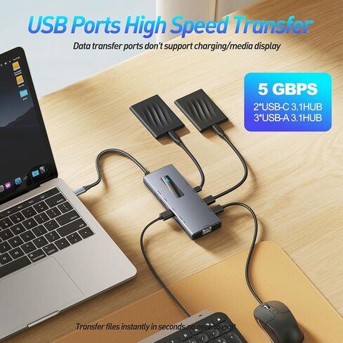 موزع USB C، شاشة محطة إرساء للكمبيوتر المحمول، محول متعدد المنافذ 10 في 1 من النوع C مع HDMI، PD100W، منافذ USB A وC 3.0، بطاقة SD/Micro SD، قاعدة إيثرنت لأجهزة Mac/Dell/HP/Surface/Steam Deck in Kuwait