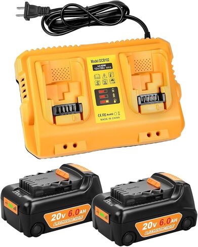 2-Pack 6.0Ah Battery Replacement for Dewalt 20v Battery with DCB102 Battery Charger Station in Kuwait