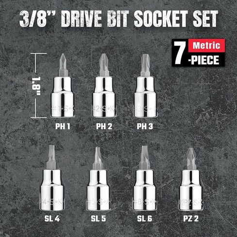 SK Tools USA Screwdriver Bit Socket Set, 7-Piece, 3/8" Drive, SuperKrome Finish, S2 Alloy Steel Bits, with Storage Rail, Slotted Phillips and Pozidriv in Saudi Arabia