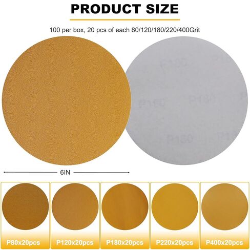 100 PCS 6 Inch Gold PSA Sanding Discs Set -20 Each of 80, 120, 180, 220, 400 Grit - Self Adhesive Stickyback Sandpaper Discs for 6" DA Sander Sand Automotive Car Paint, Woodworking, Metal in Saudi Arabia