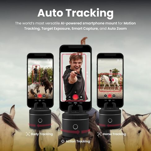 حامل تتبع الهاتف الذكي Pivo Equestrian Pod للوجه والجسم والحصان، دوران 360 درجة يعمل بالذكاء الاصطناعي، جهاز تحكم عن بعد لتسجيل الفيديو بدون استخدام اليدين (أسود) in Kuwait