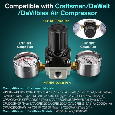 منظم هواء Dreyoo بمقياس 0-200 رطل لكل بوصة مربعة، متوافق مع ضاغط هواء Craftsman/DeWalt/DeVilbiss، منظم 4 منافذ 0-150 رطل لكل بوصة مربعة قابل للتعديل، مدخل/مخرج 1/4 بوصة NPT، منفذ قياس NPT 1/8 بوصة in Kuwait