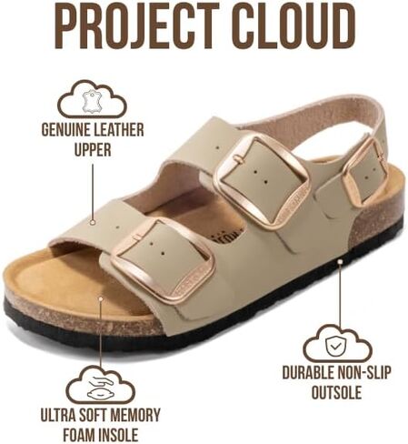 صنادل شاطئ من الجلد الطبيعي 100% من Project Cloud للنساء مع شرائح خفيفة الوزن ومريحة للنساء - إبزيم كبير غير قابل للانزلاق مع صنادل نسائية من الإسفنج الذكي (جاردا) in Kuwait