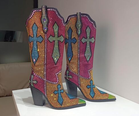 Women's Multi-Color Rhinestone Cross Western Knee-High Cowboy Boots - Pointed Iridescent Toe, Chunky Heel, Faux Leather in Saudi Arabia