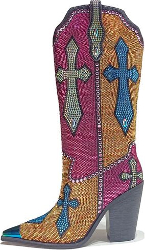 Women's Multi-Color Rhinestone Cross Western Knee-High Cowboy Boots - Pointed Iridescent Toe, Chunky Heel, Faux Leather in Saudi Arabia