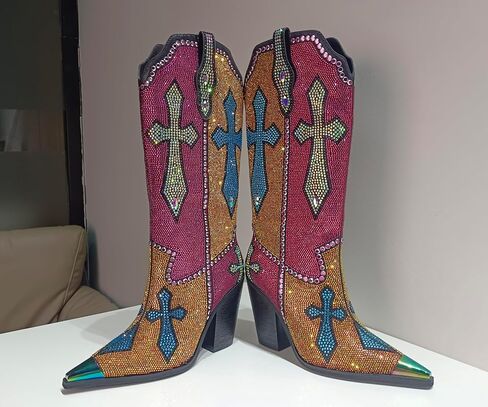 Women's Multi-Color Rhinestone Cross Western Knee-High Cowboy Boots - Pointed Iridescent Toe, Chunky Heel, Faux Leather in Saudi Arabia