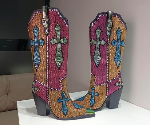 Women's Multi-Color Rhinestone Cross Western Knee-High Cowboy Boots - Pointed Iridescent Toe, Chunky Heel, Faux Leather in Saudi Arabia