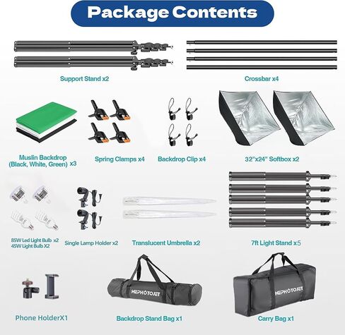 Photography Softboxes Kit with 8.5x10ft Backdrop Stands, 5 Tripod Stands, 3 Color Background Screen, Softbox with 85W Led Bulb, Photo Studio Equipment for Video Shoot, Product & Portrait in Saudi Arabia