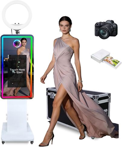 Magic Mirror Photo Booth with 21.5 Inch Touchscreen, with Camera and Printer, Portable DSLR Photobooth Machine Includes Flight Case for Wedding Birthday Graduation Events (White, Fill Light) in Saudi Arabia