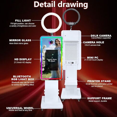 Magic Mirror Photo Booth with 21.5 Inch Touchscreen, with Camera and Printer, Portable DSLR Photobooth Machine Includes Flight Case for Wedding Birthday Graduation Events (White, Fill Light) in Saudi Arabia
