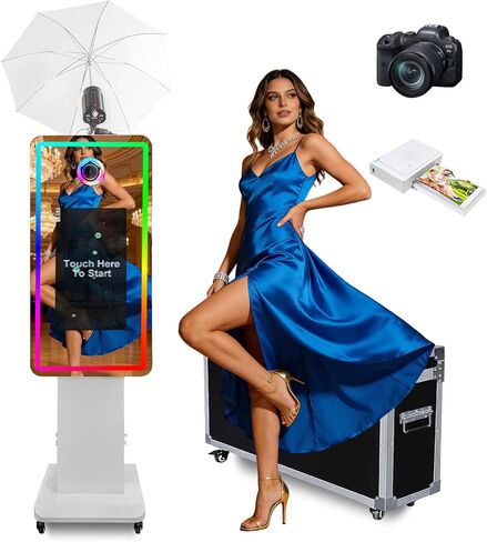 Magic Mirror Photo Booth with 21.5 Inch Touchscreen, with Camera and Printer, Portable DSLR Photobooth Machine Includes Flight Case for Wedding Birthday Graduation Events (White, Fill Light) in Saudi Arabia