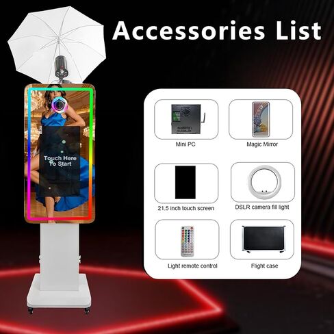 Magic Mirror Photo Booth with 21.5 Inch Touchscreen, with Camera and Printer, Portable DSLR Photobooth Machine Includes Flight Case for Wedding Birthday Graduation Events (White, Fill Light) in Saudi Arabia