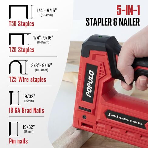 POPULO Electric Staple Gun 5 in 1 Band Nailer, 4V Rechargeable Cordless Stapler, Pin Nail Gun Battery Powered with 2,000 Staples and Nails, Power Wire Staple Gun for Home, Wood, Upholstery, DIY in Saudi Arabia