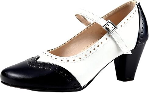 Women's Chunky High Heels 1920s Wingtip Oxfords Retro Pumps Heels 1950s Vintage Black and White Two Tone Saddle Oxford Shoes in Kuwait