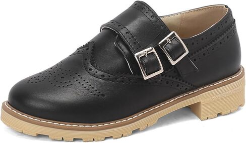 Women's Retro Round Toe Low Platform Heels Block Oxfords Comfortable Non-Slip Belt Buckle Wingtip Saddle Shoes in Saudi Arabia