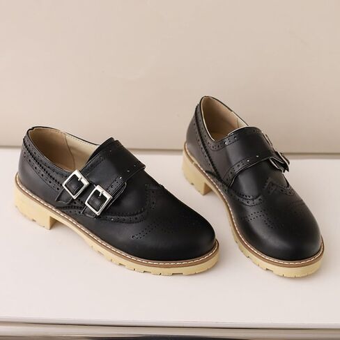 Women's Retro Round Toe Low Platform Heels Block Oxfords Comfortable Non-Slip Belt Buckle Wingtip Saddle Shoes in Saudi Arabia
