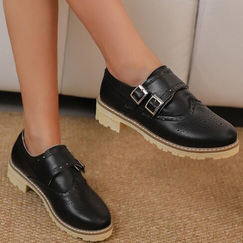 Women's Retro Round Toe Low Platform Heels Block Oxfords Comfortable Non-Slip Belt Buckle Wingtip Saddle Shoes in Saudi Arabia