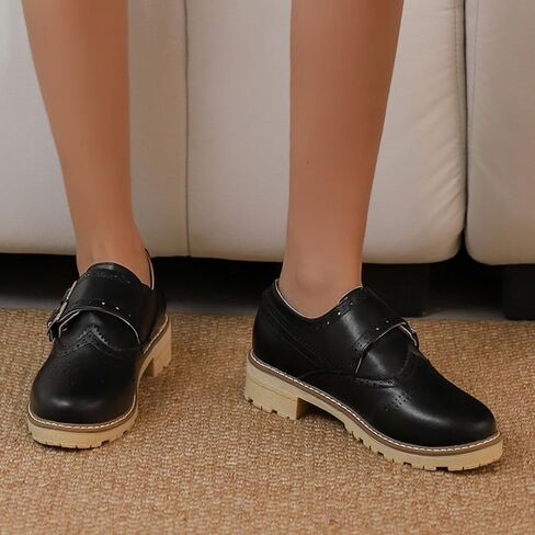 Women's Retro Round Toe Low Platform Heels Block Oxfords Comfortable Non-Slip Belt Buckle Wingtip Saddle Shoes in Saudi Arabia