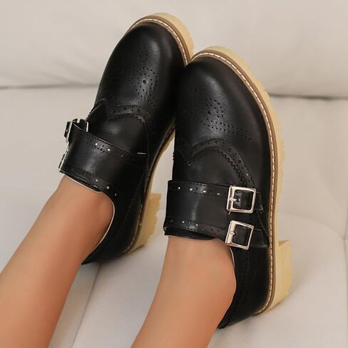 Women's Retro Round Toe Low Platform Heels Block Oxfords Comfortable Non-Slip Belt Buckle Wingtip Saddle Shoes in Saudi Arabia