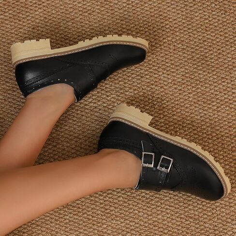 Women's Retro Round Toe Low Platform Heels Block Oxfords Comfortable Non-Slip Belt Buckle Wingtip Saddle Shoes in Saudi Arabia