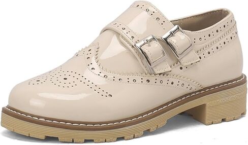 Women's Retro Round Toe Low Platform Heels Block Oxfords Comfortable Non-Slip Belt Buckle Wingtip Saddle Shoes in Saudi Arabia