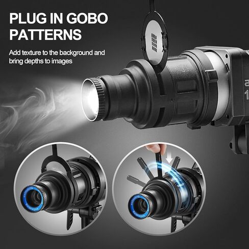 WELLMAKING S80 Spotlight Bowens Mount أنف مخروطي بصري مع عدسة عرض 38 درجة، تركيز قابل للتعديل، 12 مادة هلامية Gobos 4 ألوان لإضاءة LED وومضات. دعوى للفيديو، لايف، يوتيوب والتصوير الفوتوغرافي in Kuwait