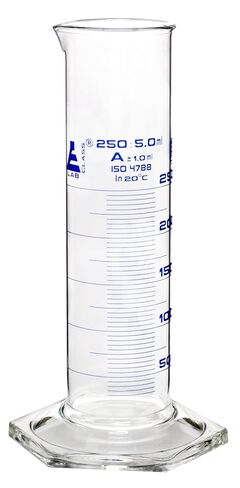 EISCO Graduated Cylinder, 250mL - Class A, Tolerance: ±1.00mL - Squat Form, Blue Graduations - Borosilicate Glass in Saudi Arabia