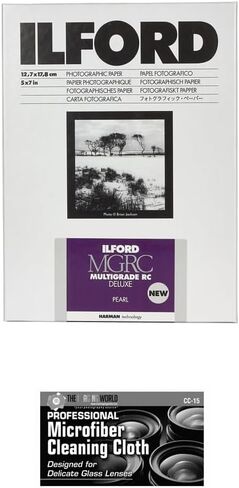 ورق فاخر من Ilford MULTIGRADE RC (لؤلؤي، 5 × 7، 25 ورقة) مع قطعة قماش للتنظيف من الألياف الدقيقة in Saudi Arabia