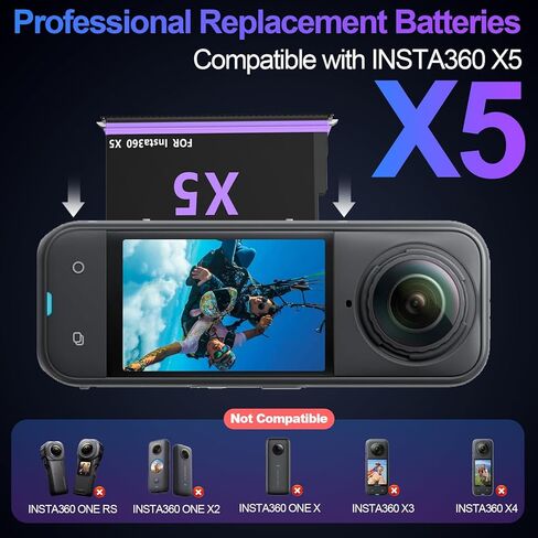 Insta 360 X5 Battery 2-Pack with LCD Charger, 2850mAh X5 Batteries and Intelligent Two Way Charger Hub for Insta360 X5 in Kuwait