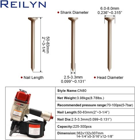 Coil Siding Nailer CN80, 2 inch to 3-1/4-inch Industrial Pneumatic Nail Gun,15 Degree Siding Nailer for Siding Sheathing Wooding Fencing Decking in Saudi Arabia