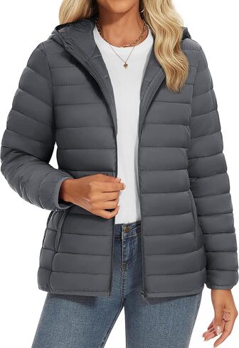 YUCOLEN Women's Puffer Jacket with Hood Lightweight Quilted Padded 4 Pockets Zip-up Coat Winter Jackets for Women in Kuwait
