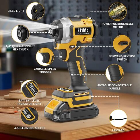 Cordless Impact Driver Compatible with Dewalt 20V /60V Max Battery, 1/4" Hex Chuck Power Impact Driver with 2500 In-lbs, 4 Available Speed, Auto Stop & LED Light (No Battery), Yellow in Saudi Arabia