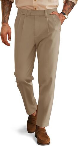 Men's Pleated Tapered Pants Extended Waist Vintage Pleated Cropped Trousers with Slant Pockets for Office Wear Beige L in Saudi Arabia