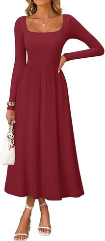 ZESICA Fall Dresses for Women 2025 Elegant Classy Square Neck Long Sleeve Flowy Wedding Guest Party Midi Dress in Saudi Arabia
