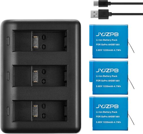 JYJZPB 3 Pack HERO8 Battery and 3 Channels Battery Charger Compatible with GoPro Hero 8, Go Pro Hero 7, 6, 5 Black Camera in Saudi Arabia