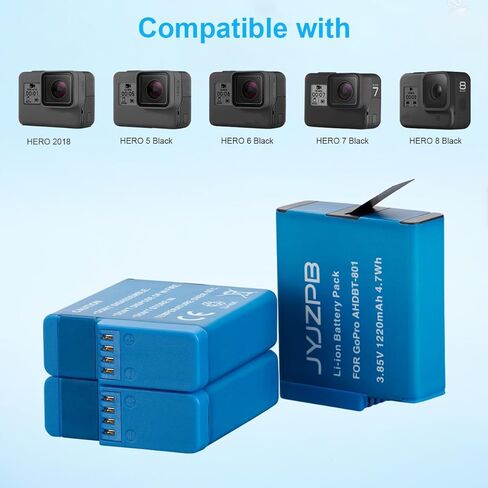JYJZPB 3 Pack HERO8 Battery and 3 Channels Battery Charger Compatible with GoPro Hero 8, Go Pro Hero 7, 6, 5 Black Camera in Saudi Arabia