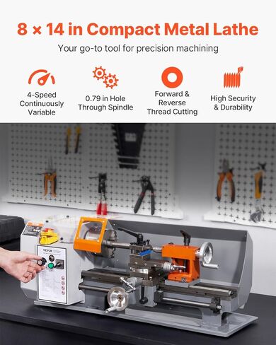 VEVOR Benchtop Metal Lathe, 7.87 x 13.78 in, Precision Power Metal Lathe Machine, with 50-2500 RPM Continuously Variable Speed, Metal Gears, 600W Brush Motor, Tool Box, for Processing Precision Parts in Saudi Arabia