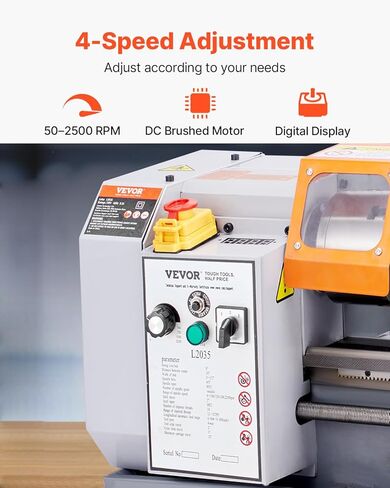 VEVOR Benchtop Metal Lathe, 7.87 x 13.78 in, Precision Power Metal Lathe Machine, with 50-2500 RPM Continuously Variable Speed, Metal Gears, 600W Brush Motor, Tool Box, for Processing Precision Parts in Saudi Arabia