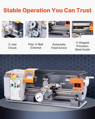 VEVOR Benchtop Metal Lathe, 7.87 x 13.78 in, Precision Power Metal Lathe Machine, with 50-2500 RPM Continuously Variable Speed, Metal Gears, 600W Brush Motor, Tool Box, for Processing Precision Parts in Saudi Arabia