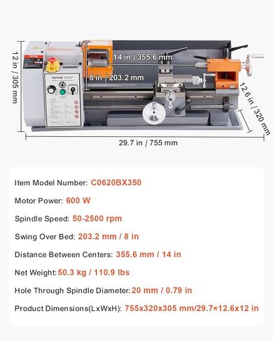 VEVOR Benchtop Metal Lathe, 7.87 x 13.78 in, Precision Power Metal Lathe Machine, with 50-2500 RPM Continuously Variable Speed, Metal Gears, 600W Brush Motor, Tool Box, for Processing Precision Parts in Saudi Arabia
